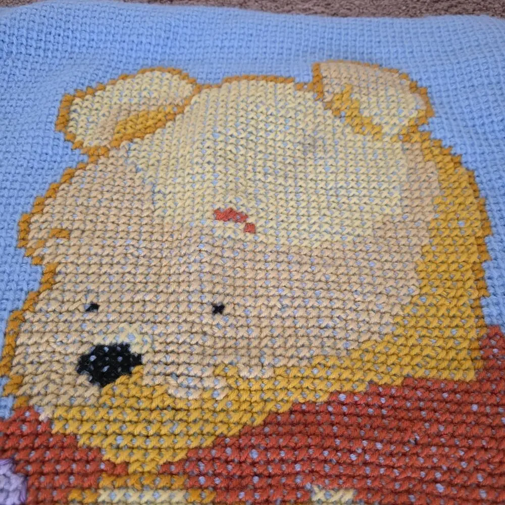 Vintage Crochet Winnie The Pooh Baby Blanket Handmade Y2K 90s Floral Purple Blue